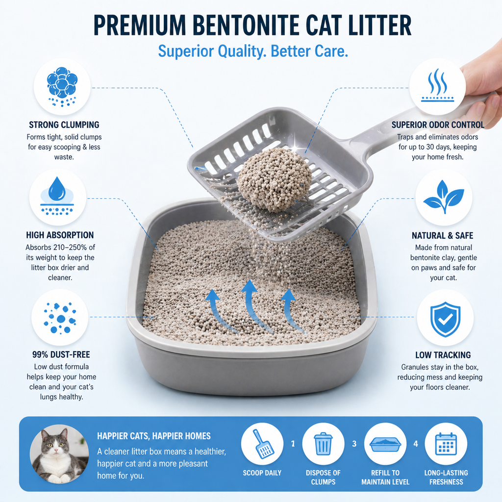 Bentonite Clumping Cat Litter for Cats, Superior Odor Control, Low Dust Formula, Fast Absorbent, Strong Clumping, Easy Scoop, Long Lasting, Premium 5KG